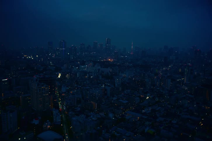 A wide aerial view of a sprawling metropolis at night, with city lights twinkling and traffic moving on the streets below