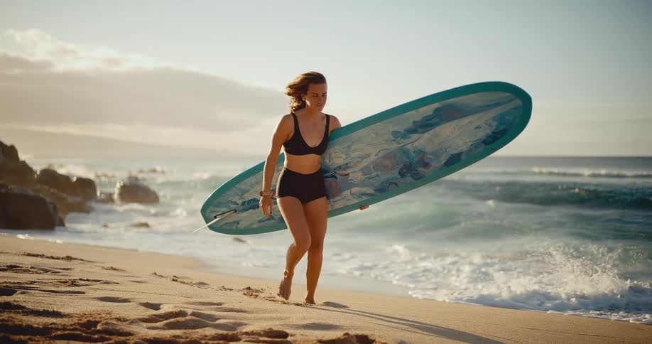 A smiling female surfer carries her longboard while walking on a sandy beach as waves crash at sunset in slow motion