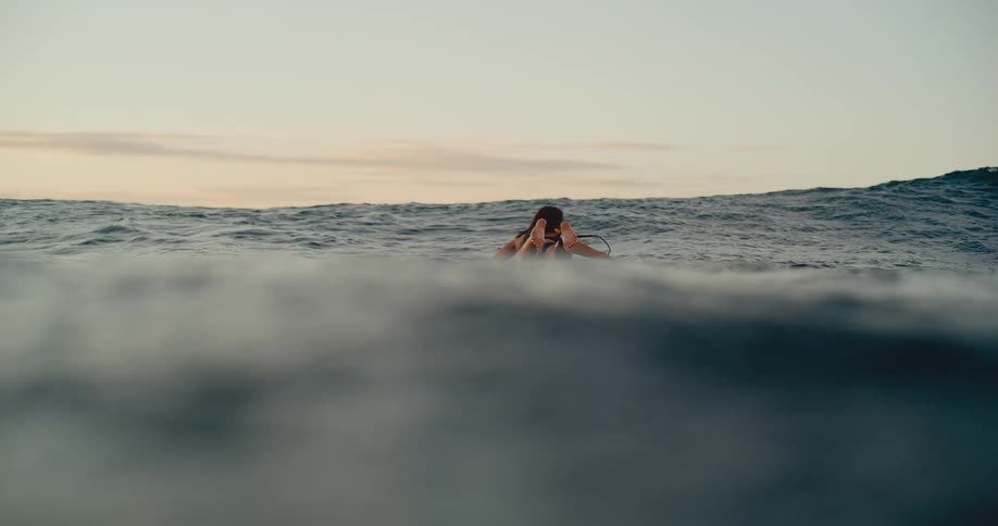 Slow motion water-level view of a female surfer in a bikini paddling out into the ocean at sunset