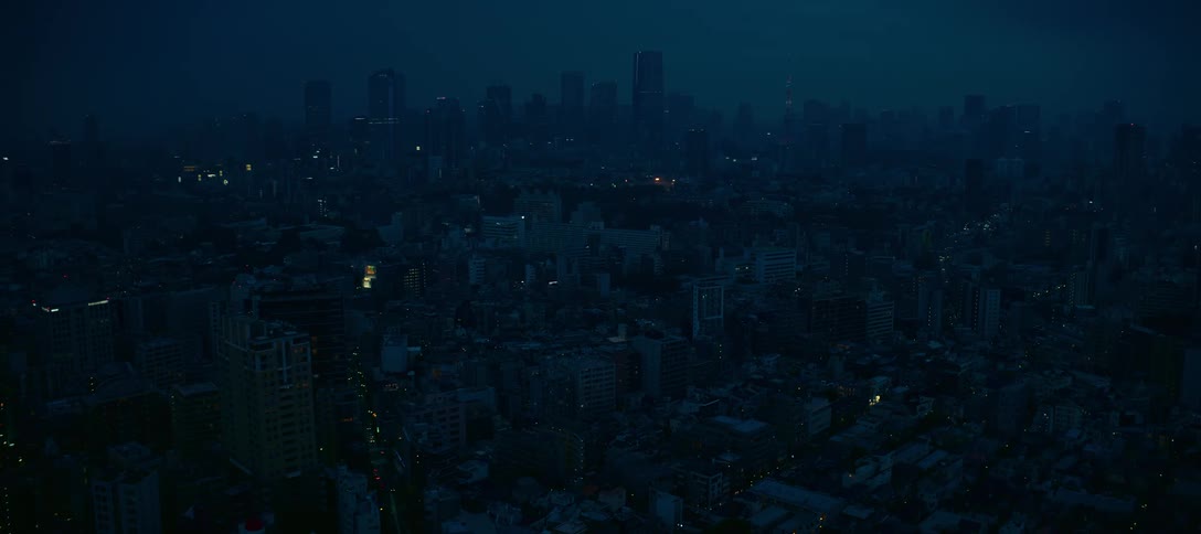 A wide aerial view of the Tokyo city skyline at night with car lights moving through the quiet streets