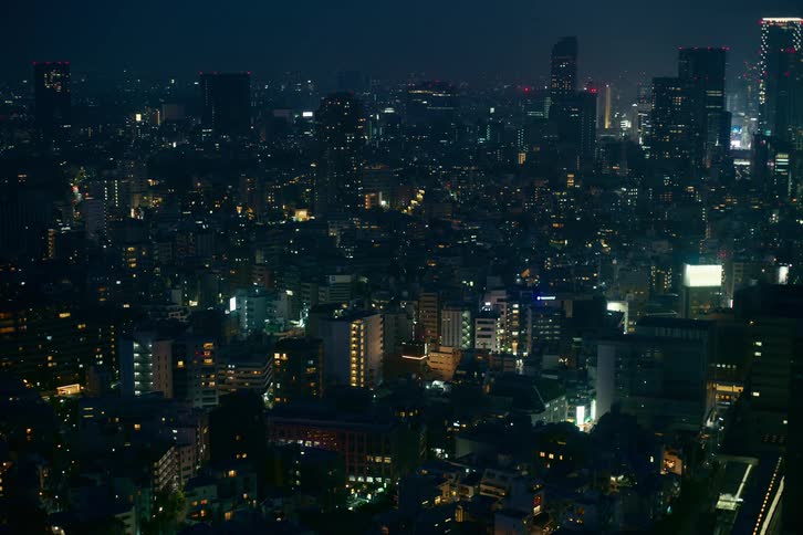 A vast, atmospheric cityscape of a metropolis glowing with countless lights under the dark night sky