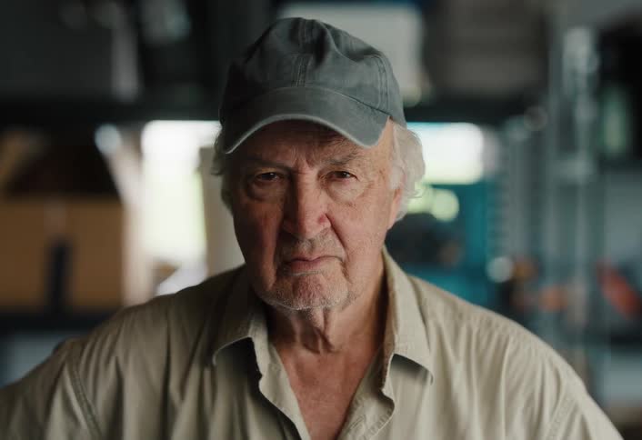 A close-up portrait of a serious elderly man with white hair and a cap looking directly at the camera in a workshop