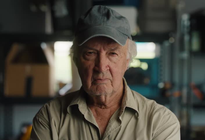Close up portrait of a serious elderly man in a baseball cap looking intently at the camera in his garage