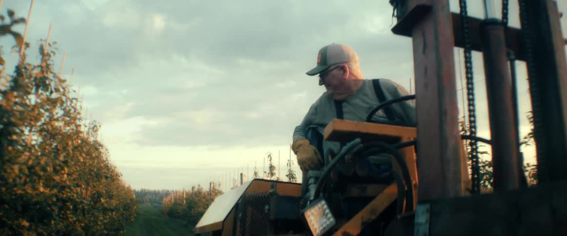 An older farmer wearing a cap and overalls smiles while driving a forklift through an apple orchard at dusk