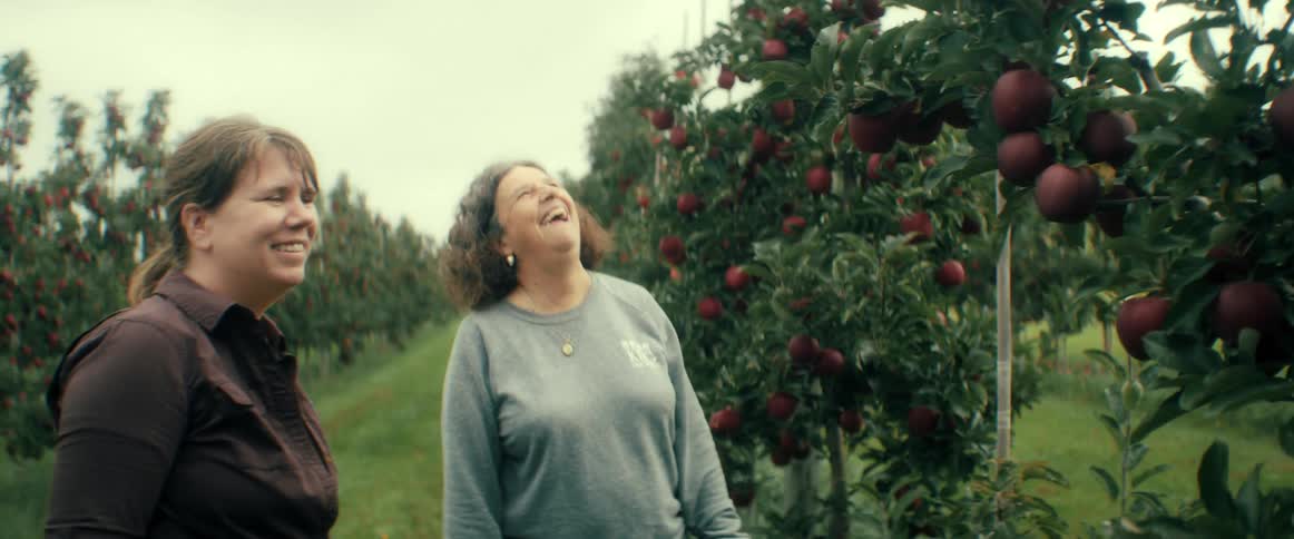 Two women laugh and smile together while admiring ripe red apples in a vibrant orchard