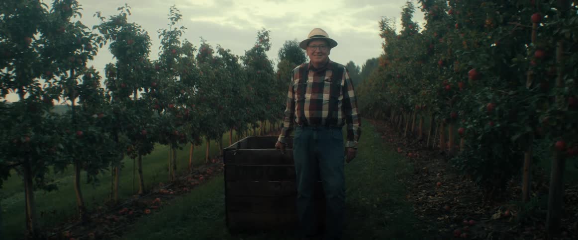 A smiling senior farmer in a hat and plaid shirt stands proudly in his apple orchard