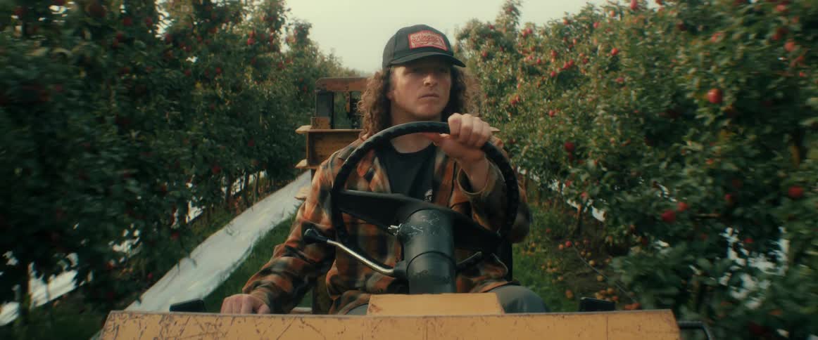 A young farmer with long curly hair drives a small tractor through an apple orchard and yawns while on the job