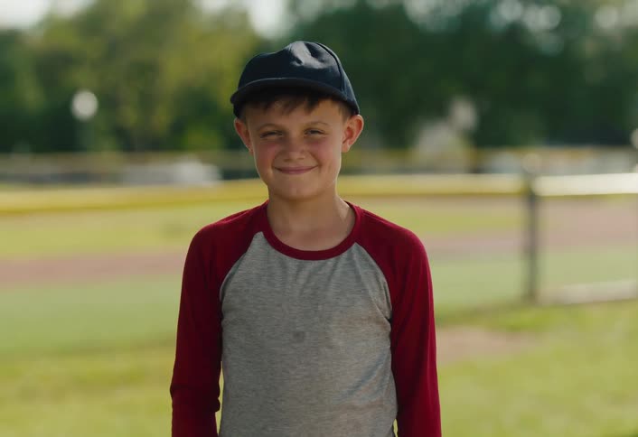 A proud young boy in a baseball jersey and cap smiles for the camera on a sunny day at the ball field