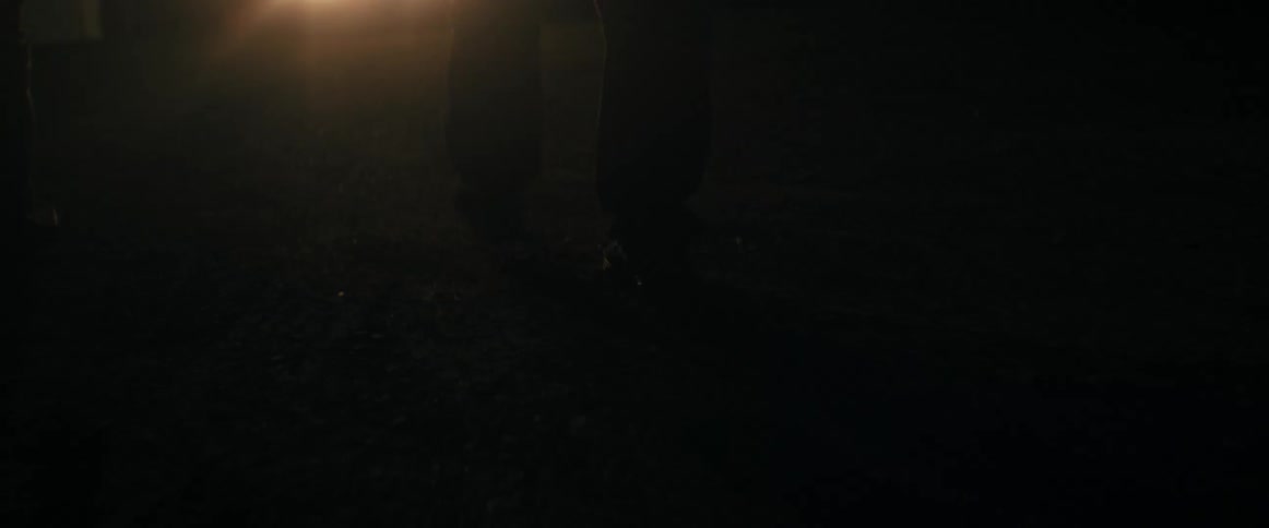 A silhouetted figure walks through a dark field at night, their path illuminated only by a flashlight beam