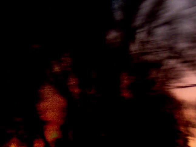 A blurry and abstract view of silhouetted trees passing by against a dark and moody sunset sky