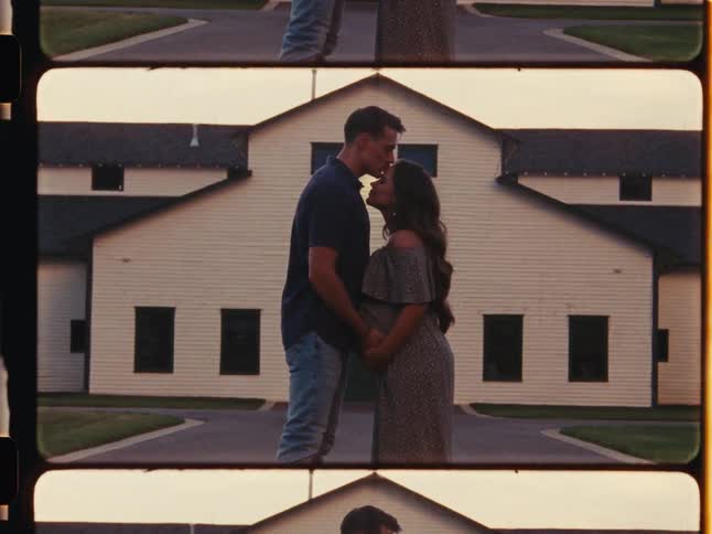 A loving husband kisses his pregnant wife on the forehead as they stand together in a vintage film strip effect