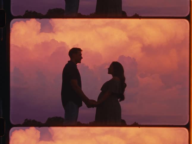 A silhouetted expecting couple holds hands and looks lovingly at each other against a beautiful sunset sky in a vintage film style