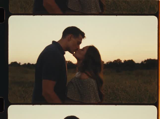 A loving expecting couple shares a romantic kiss in a sun-drenched field at golden hour, framed as a vintage film strip