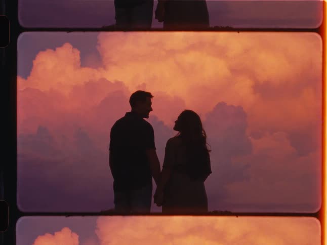 A romantic couple holds hands, silhouetted against a dreamy sunset sky in a vintage film aesthetic