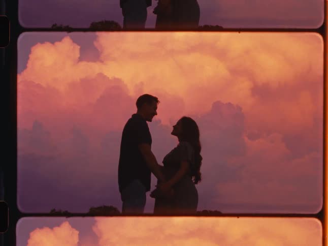 A silhouetted expecting couple dances and kisses romantically in front of a colorful sunset sky in this vintage film-style clip