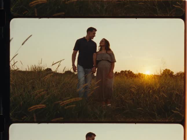 An expectant couple lovingly walks hand-in-hand through a golden field at sunset in a vintage film style
