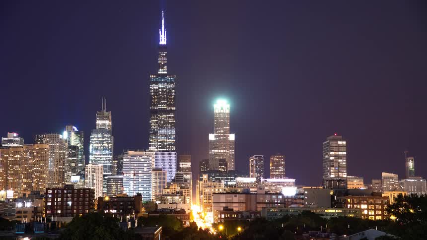 A beautiful night timelapse of the illuminated Chicago skyline with iconic skyscrapers