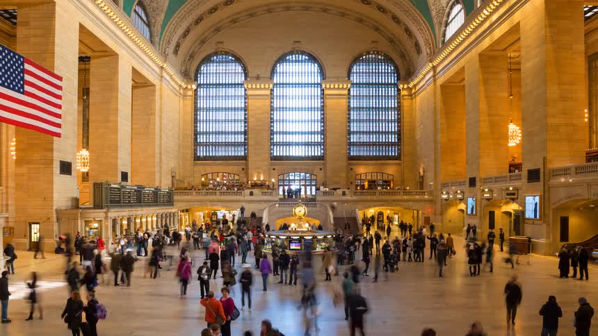 Timelapse captures the perpetual motion of commuters and tourists flowing through the iconic main concourse of Grand Central Terminal in New York City