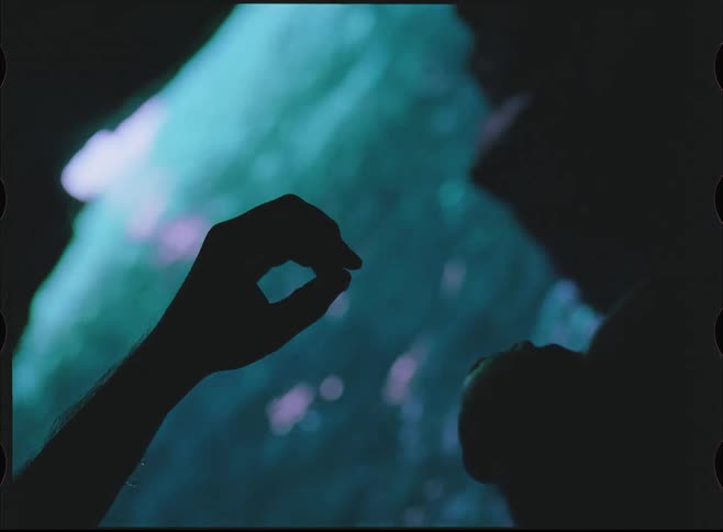 An abstract and dreamlike Super 8 film shows the silhouettes of a hand and face against a watery, surreal background