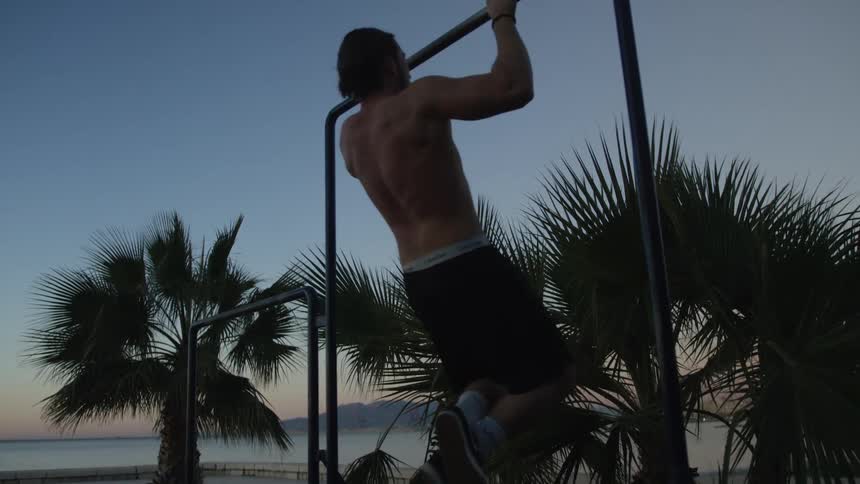 A muscular man performs pull-ups on an outdoor fitness bar with palm trees and the ocean silhouetted by the evening sky