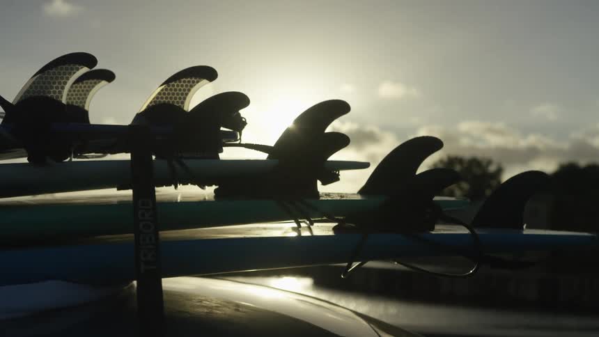 Close-up slow pan of surfboard fins silhouetted against the warm, golden hour sun