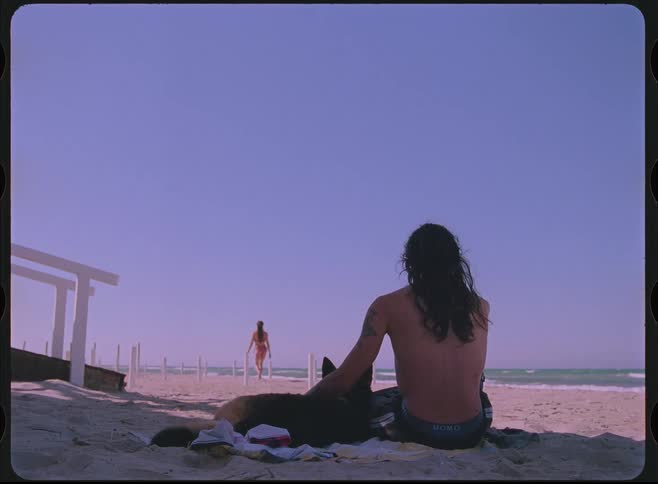 A woman in a bikini walks towards the ocean as her boyfriend sits on the sand petting their dog on a sunny day in vintage-style footage