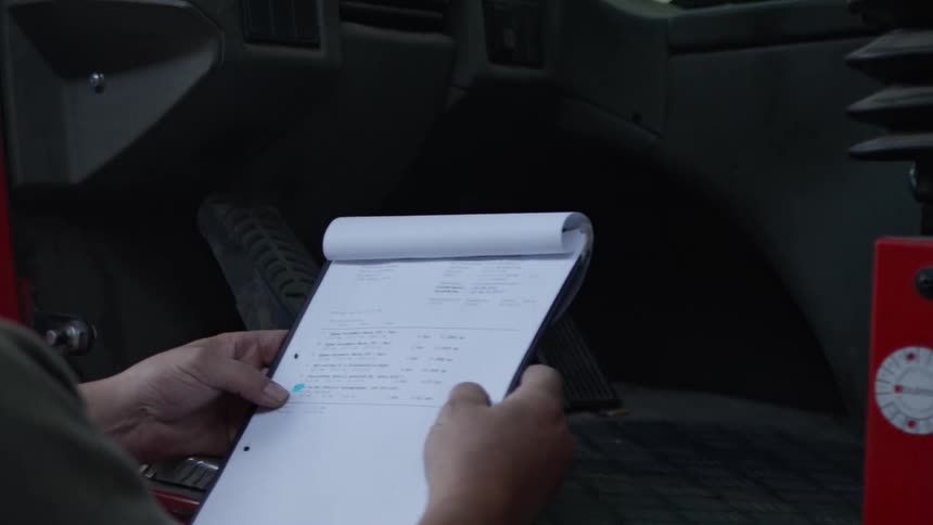 A worker sits in the cab of a truck and reviews a checklist on a clipboard before storing it away