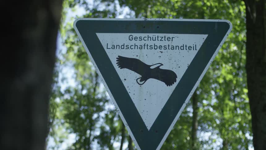 A German sign for a 'Protected Landscape Component', featuring an eagle and snake emblem, is revealed in a sunlit forest