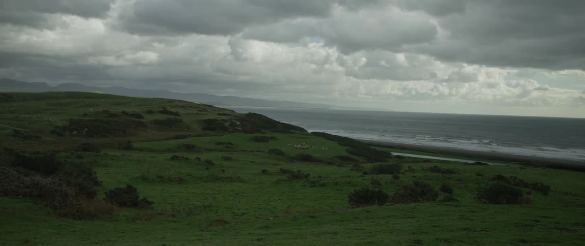 Sheep graze on a lush green hillside overlooking the ocean under a dramatic cloudy sky