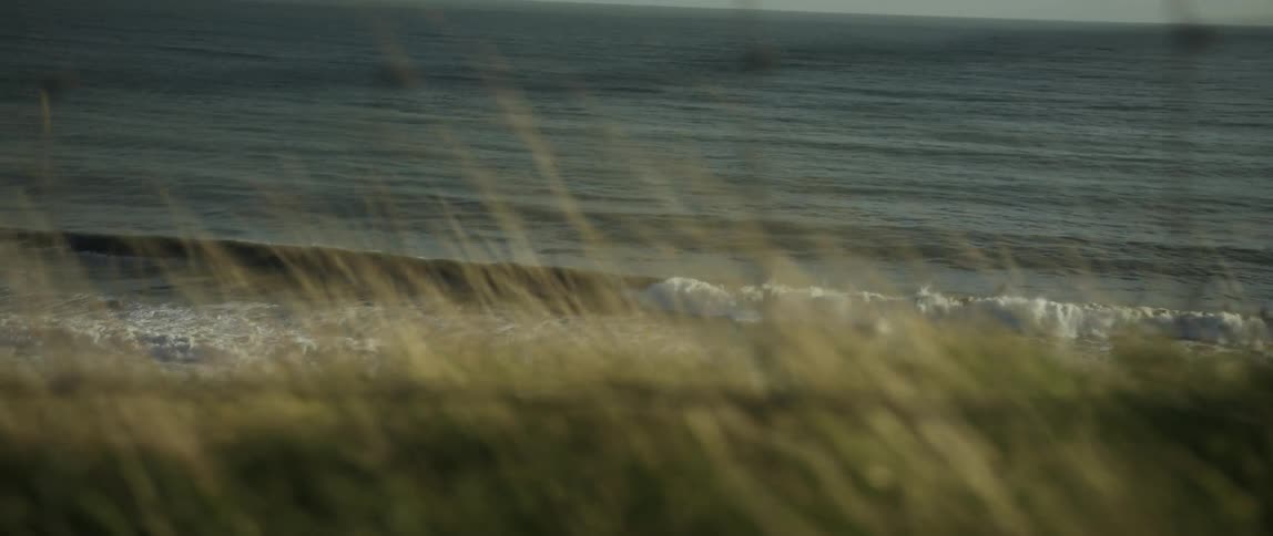 Slow-motion ocean waves crash onto the shore, viewed through gently swaying beach grass