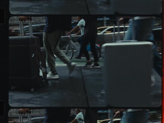 A unique filmstrip view shows the legs of travelers pulling their suitcases along a busy city sidewalk