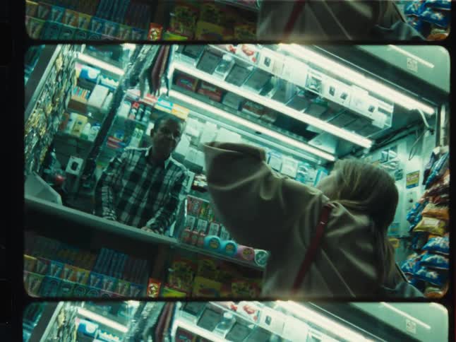 A woman seen from behind purchases an item from a brightly lit city newsstand vendor at night, shot with a film aesthetic
