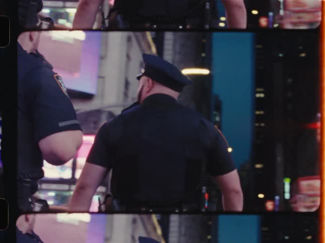 A unique split-screen film effect captures two police officers standing watch in a bustling, neon-lit Times Square