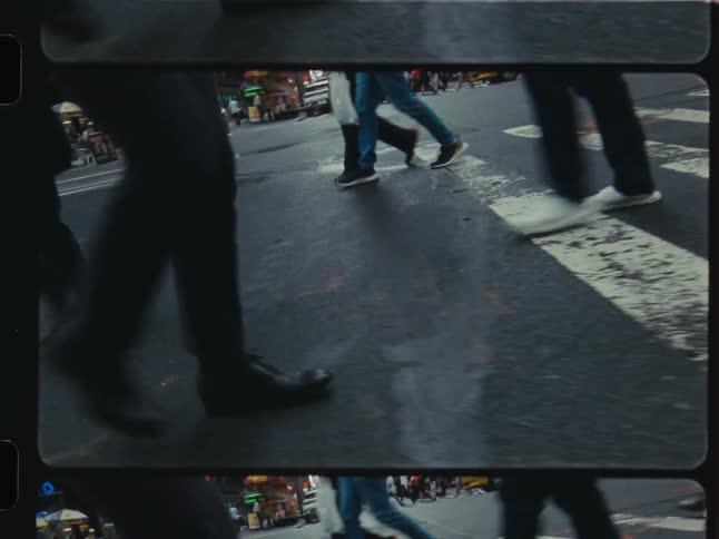 A split-screen film montage captures the energy of New York City with shots of people jogging and walking across a busy street intersection