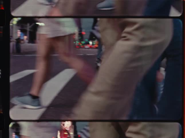 A creative, low-angle shot shows the feet of a crowd crossing a busy city street, captured on vintage-style film with a distinctive multi-frame look