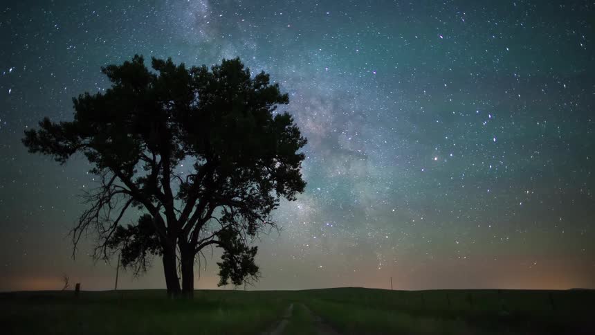 A stunning night sky time-lapse shows the Milky Way appearing and moving across the sky behind a silhouetted tree on a prairie
