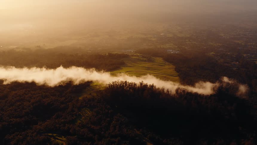 A majestic aerial view of a long cloud formation resting over a lush forest and valley during a hazy golden sunrise