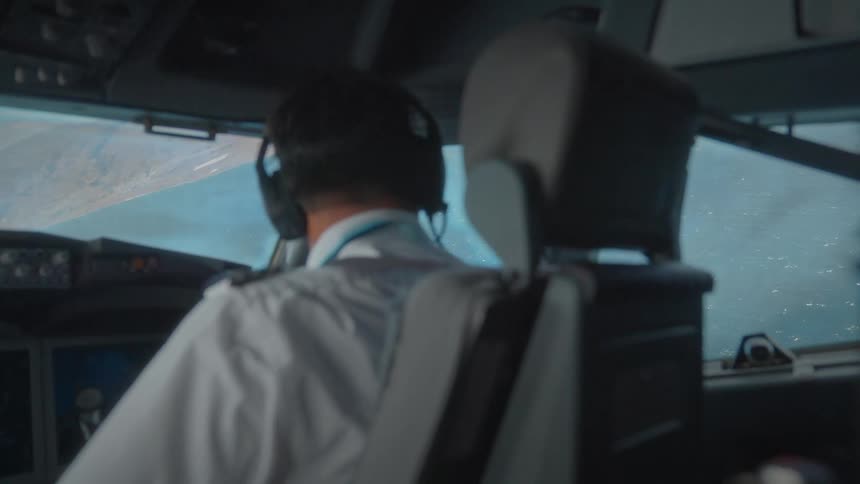 An out-of-focus pilot sits in a cockpit looking down at the earth from a high altitude