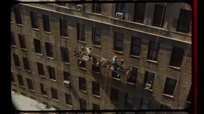 Vintage high-angle view of two construction workers on a suspended scaffolding platform repairing a city brick building