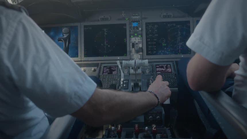 Over-the-shoulder shot of two pilots operating the thrust levers and controls inside an airplane cockpit