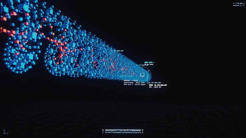 An animated visualization of a DNA strand being analyzed and deconstructed into a vast digital data network