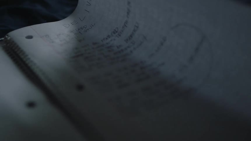 Notebook with words written on it flaps in the wind