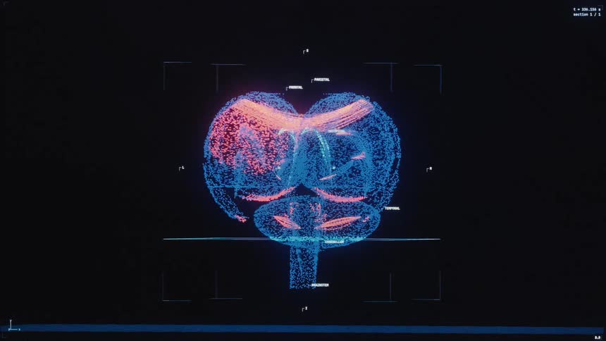 A futuristic digital scan shows a 3D model of a human brain composed of glowing particles rotating and being analyzed
