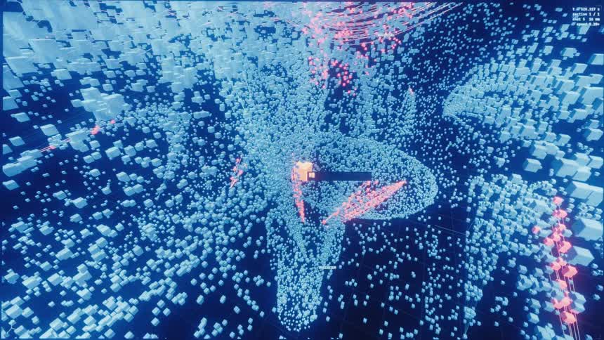 A futuristic medical interface displays a 3D scan of a human brain as the view zooms deep into its glowing digital particle structure