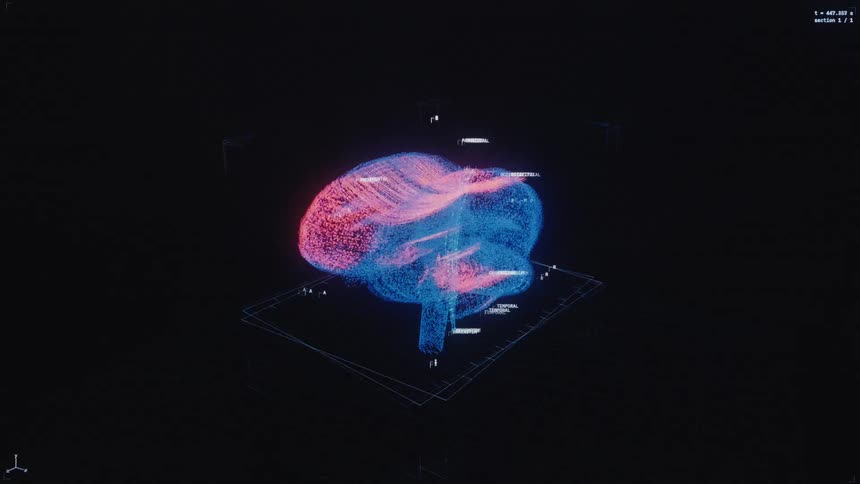 A futuristic 3D digital model of a human brain composed of glowing particles undergoes analysis on a holographic interface
