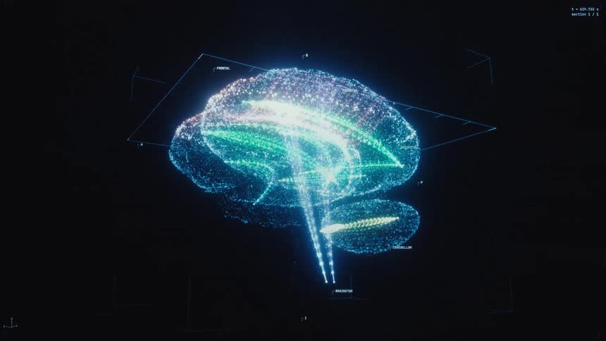 A futuristic digital scan analyzes the glowing neural pathways and activity within a holographic human brain