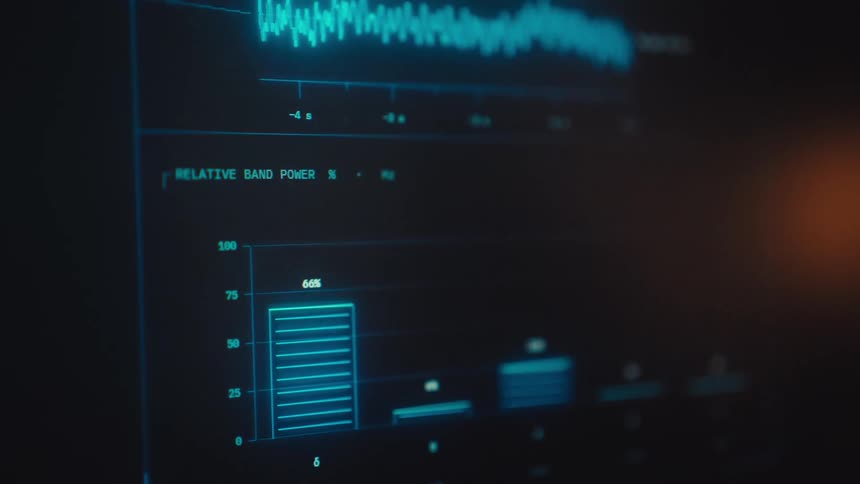 A close-up shot of a futuristic computer screen displaying fluctuating relative band power data through a bar graph and waveform