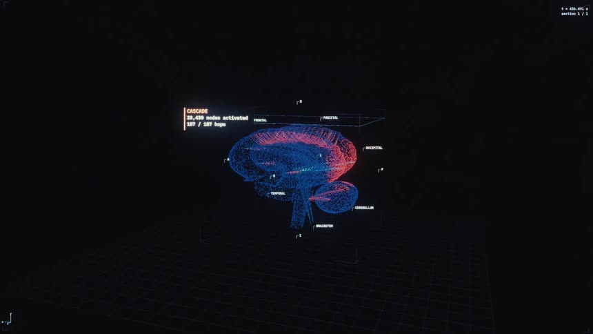 A futuristic 3D digital model of a human brain undergoes a neurological scan with data analysis on a holographic user interface