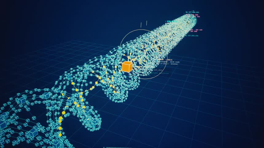 A futuristic user interface scans and analyzes a complex, digitally rendered DNA molecule