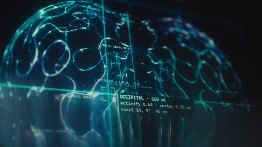 Futuristic heads-up display shows an advanced diagnostic scan of a glowing digital human brain